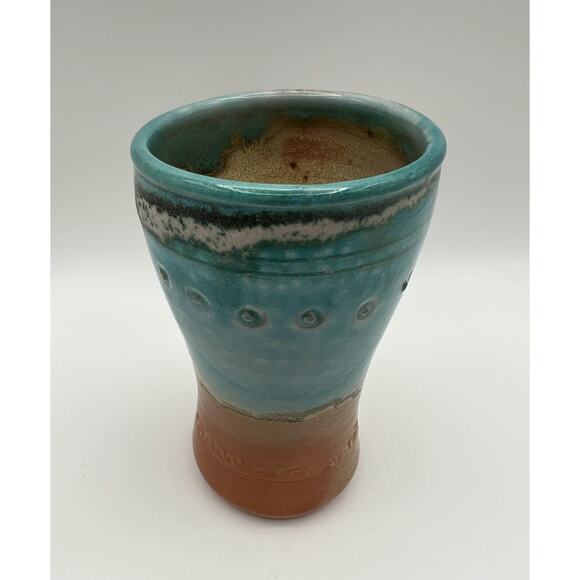 Art Pottery Blue & Brown Glazed 5” Tumbler Cup Artist Signed - Picture 2 of 10